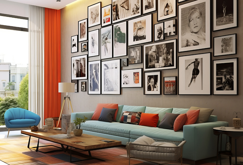 Nuotraukų galerija ir sieniniai paveikslai moderniame gyvenamajame kambaryje.