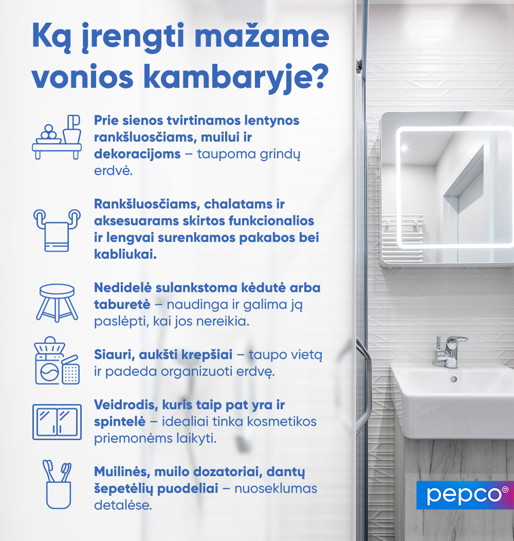 „Pepco“ infografikas apie mažo vonios kambario dekoracijų ir priedų pasirinkimą