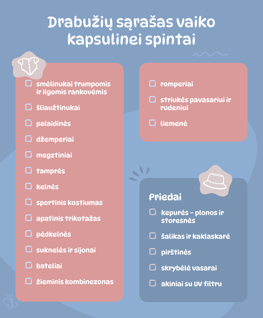 Drabužių sąrašas vaiko kapsulinei spintai 