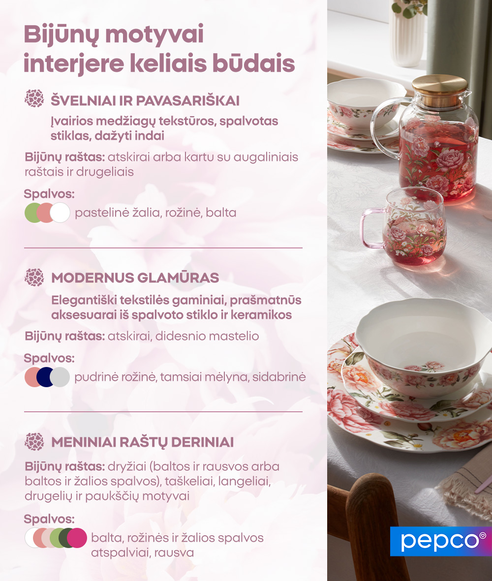 Bijūnų motyvai interjere keliais būdais 