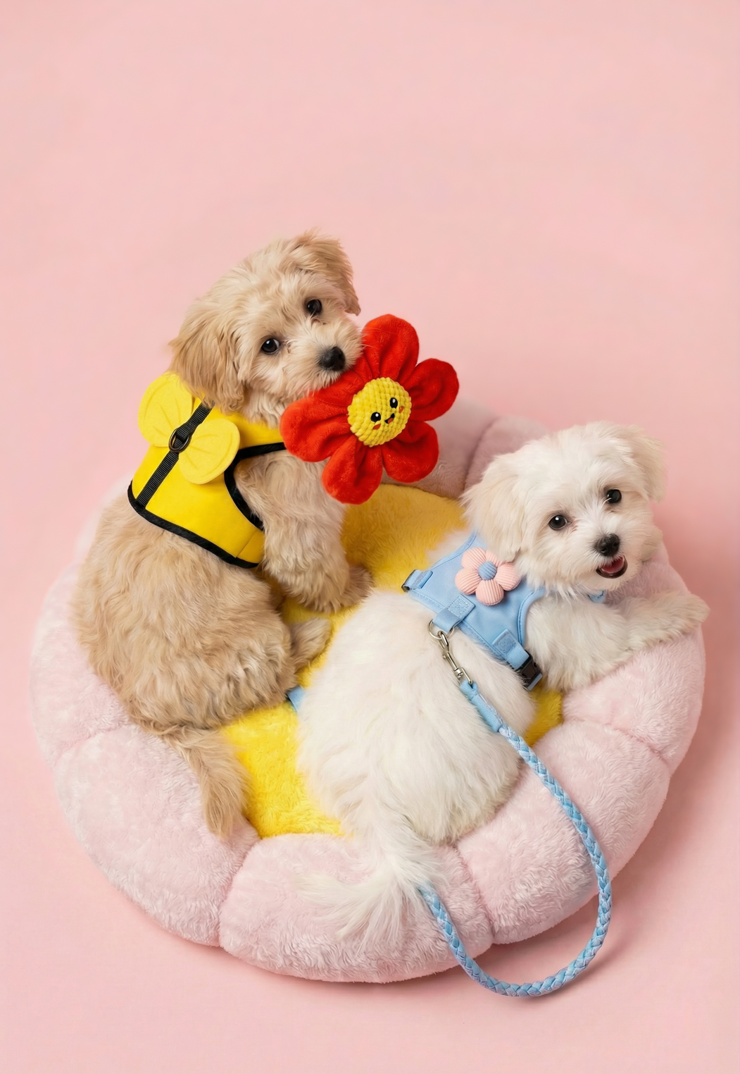 Šuo laiko spalvotą žaislą.